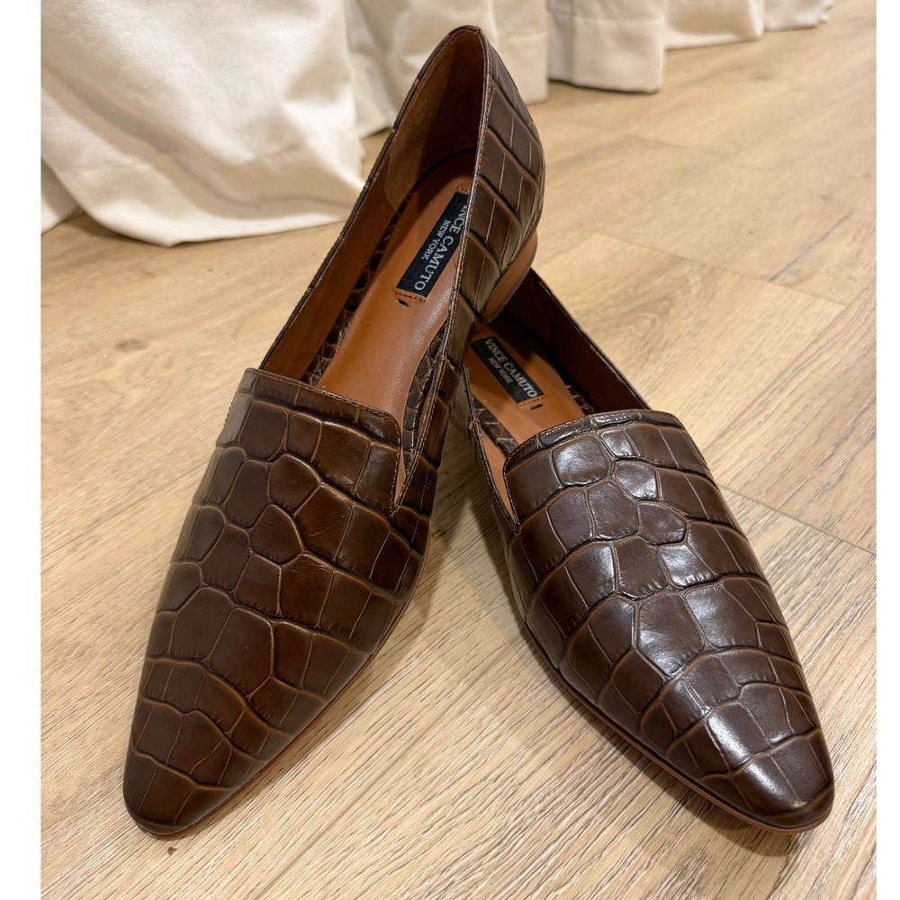 Vince Camuto Brown Croc Embossed Leather Pointed Toe Loafers Flats Womens 11M